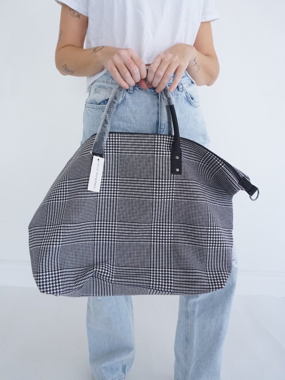 Lulu Dharma Black White Houndstooth Plaid Frasier Weekender Travel Bag